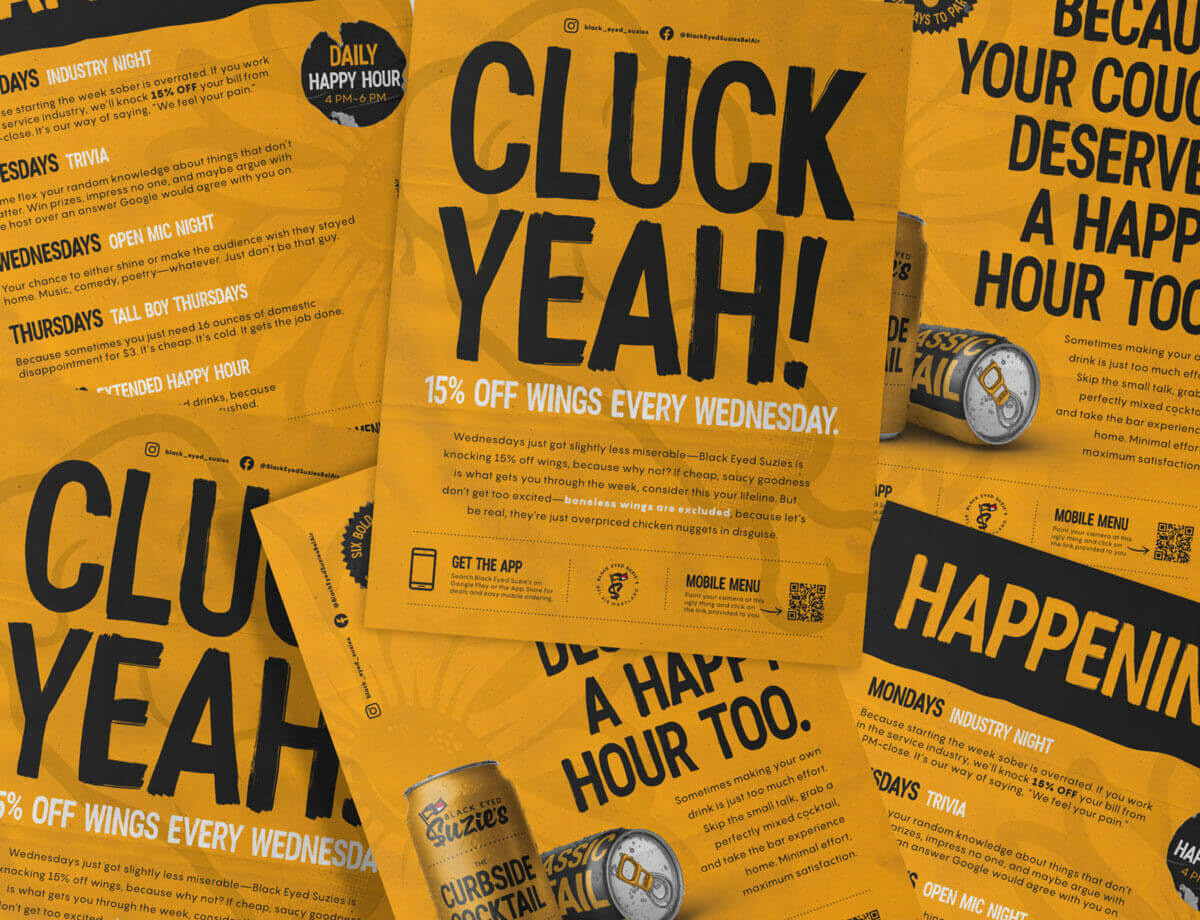 Restaurant branding design by Tyler Zent for Black Eyed Suzie’s, including marketing posters and promotional materials.