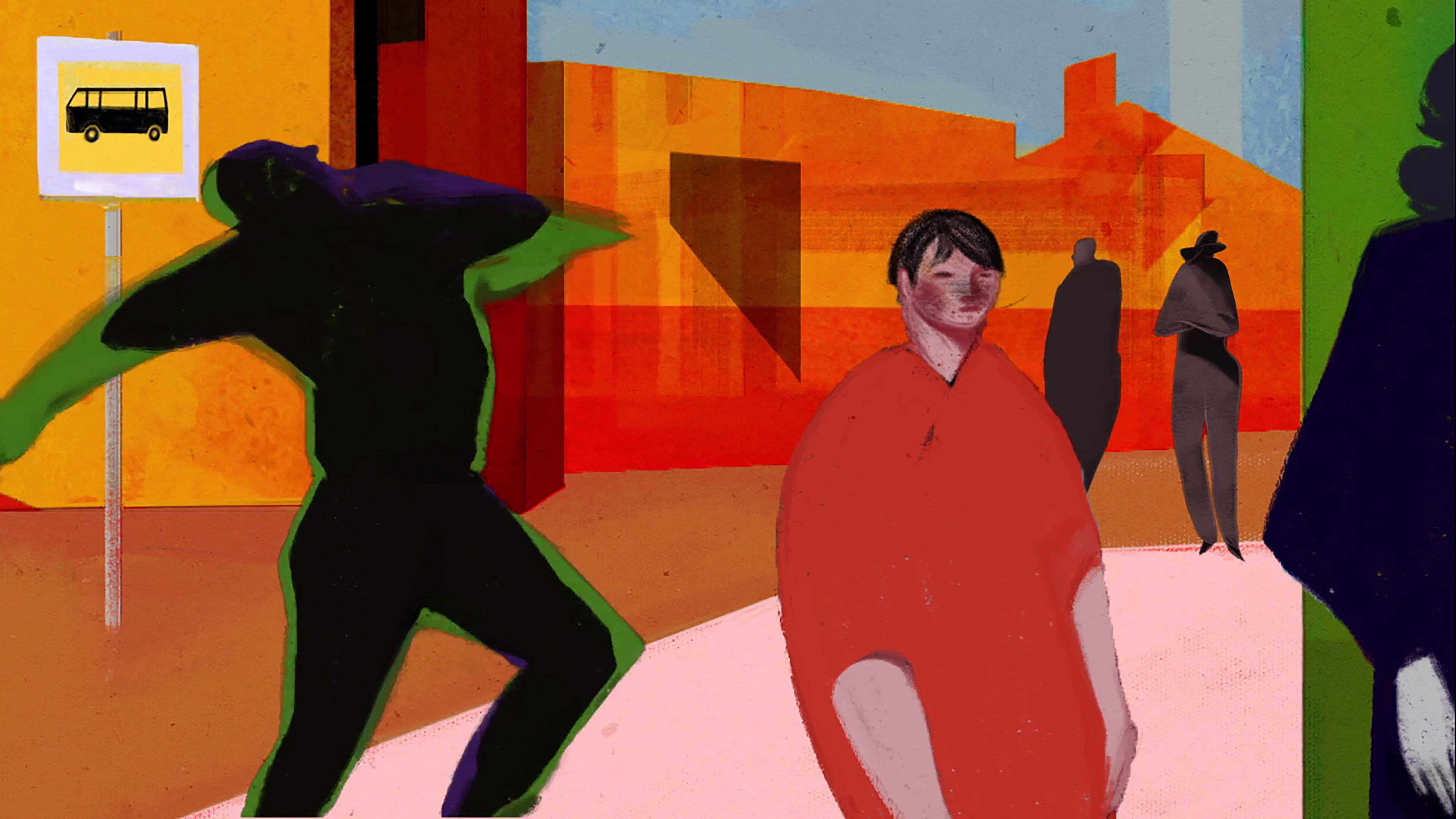 Bless you! / Na zdrowie! - stills from an animated short film directed by Paulina Ziolkowska. Image of the street and people waiting for the bus. On the left there is a couple of people fighting. One man is inside of the other and hits him from the inside. Colorful background.