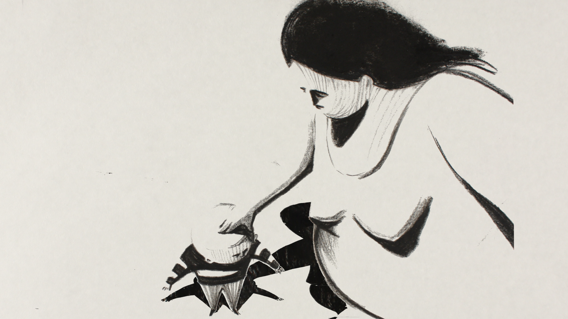Oh, mother! a short animated film directed by Paulina Ziolkowska. Woman (mother) is pressing down the head of her son, trying to make him smaller again.Long shadows. Black and white, charcoal drawing with a lot of contrast.