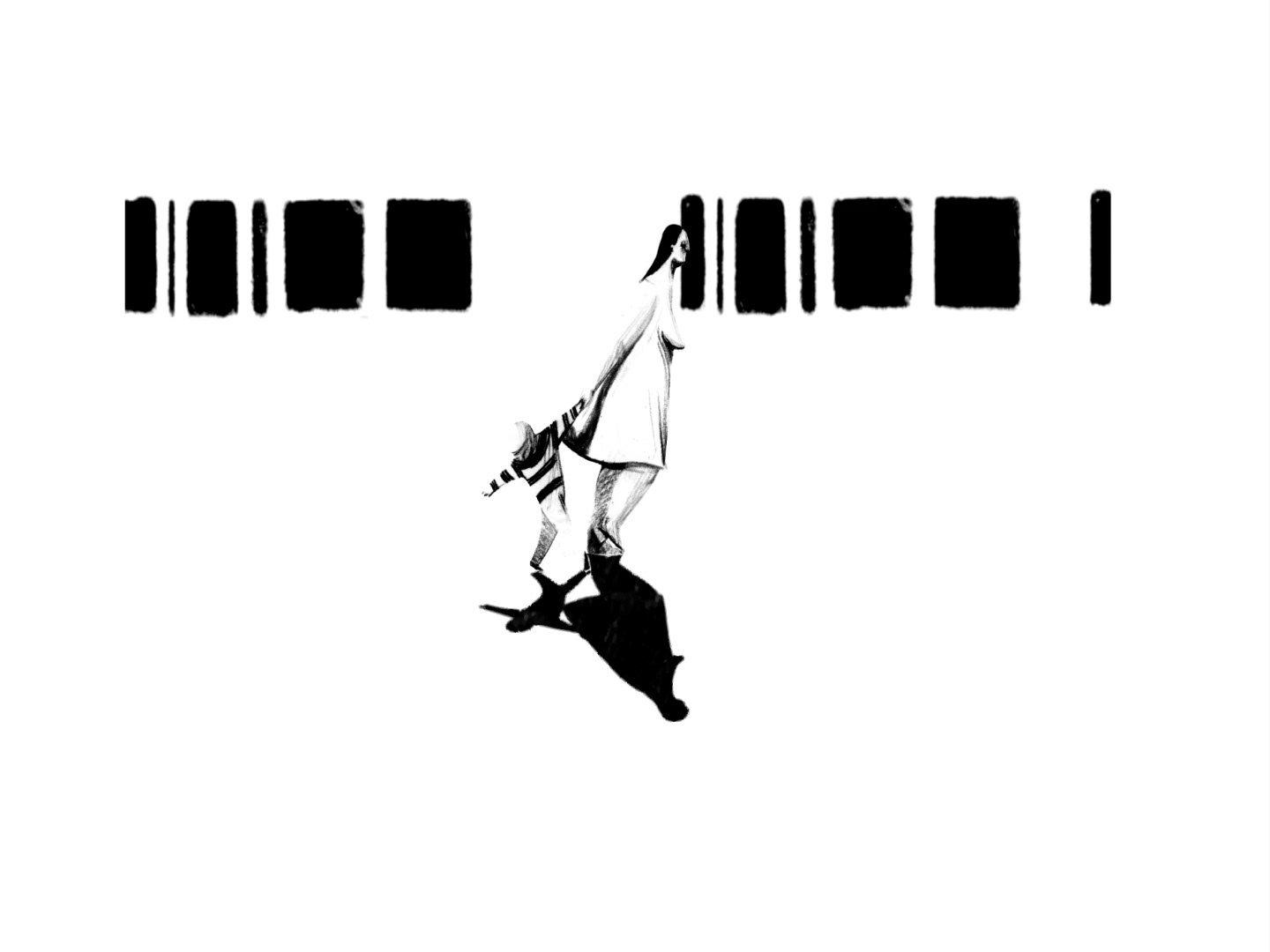 Oh, mother! a short animated film directed by Paulina Ziolkowska. Woman (mother) walking with her small son, holding his hand. The boys looks other direction. The background is represented only by the windows of passing by train, by the black abstract squares. Long shadows. Black and white, charcoal drawing with a lot of contrast.