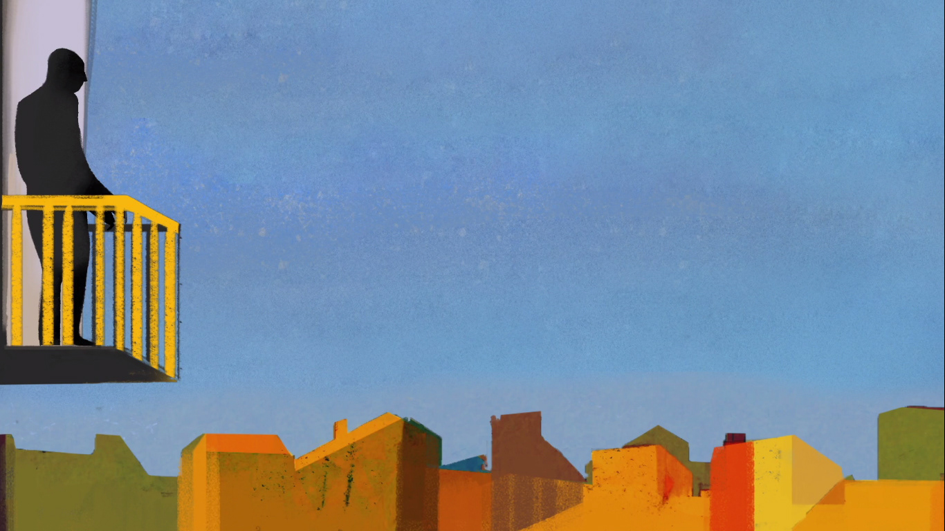 Bless you! / Na zdrowie! - stills from an animated short film directed by Paulina Ziolkowska. Image of a man standing on the balcony and looking at the panorama of the city below him.