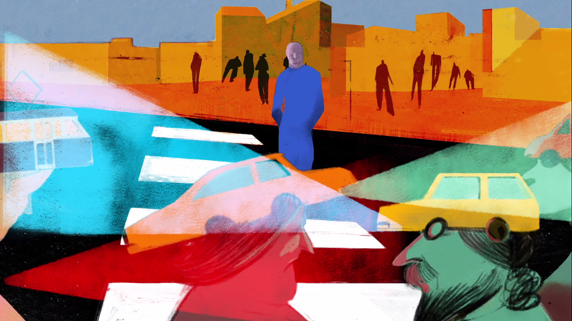 Bless you! / Na zdrowie! - stills from an animated short film directed by Paulina Ziolkowska. Image of the street with a zebra crossing. In the back there is a panorama of the city. A man in blue crosses the road. The cars are stopping to let him pass. The cars are happening to be the hats on the heads of people. Colorful background.