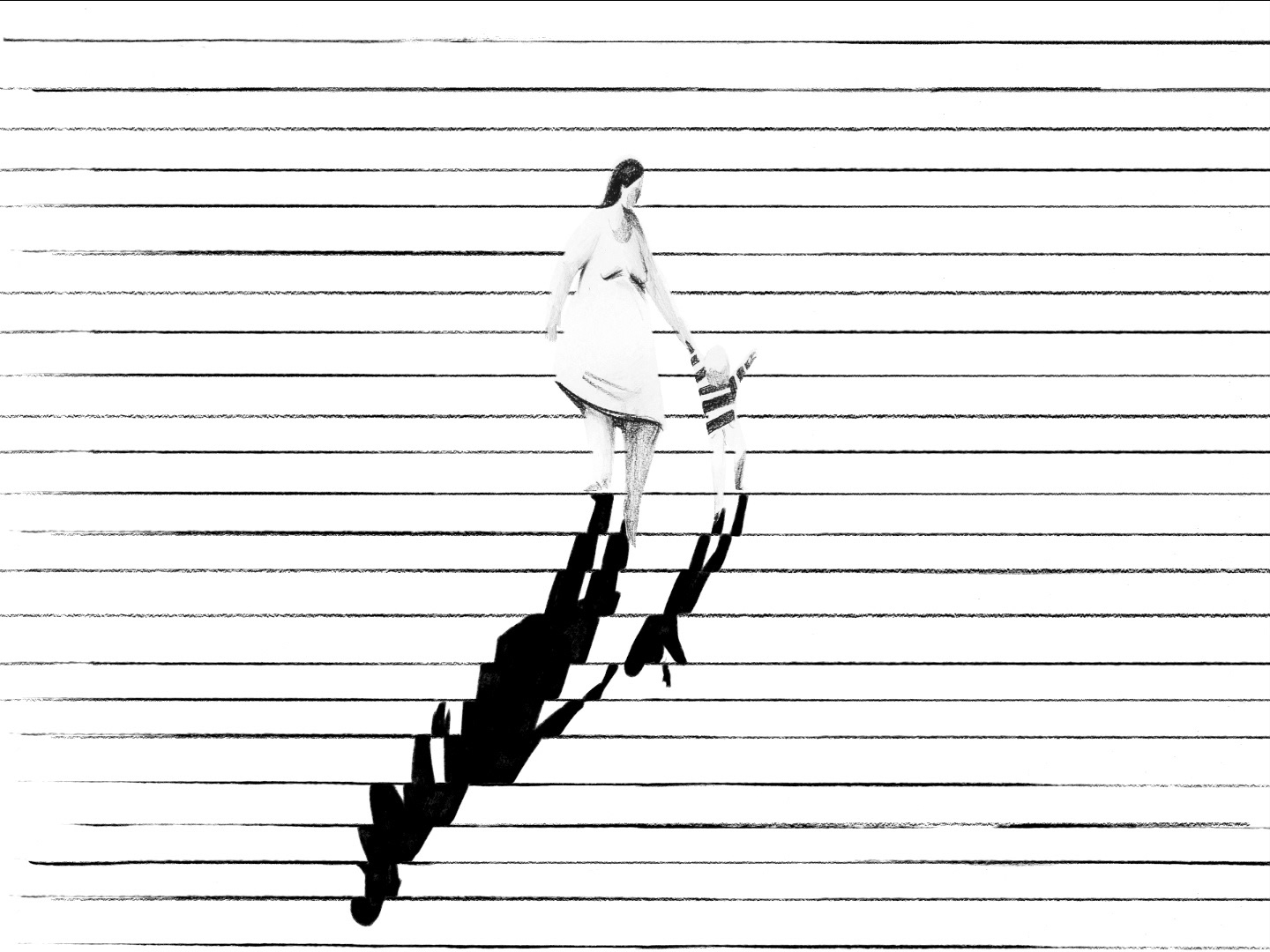 Oh, mother! a short animated film directed by Paulina Ziolkowska. On the striped background representing the stairs there is a woman (mother) with her son descending the stairs. Long shadows. Black and white, charcoal drawing with a lot of contrast.