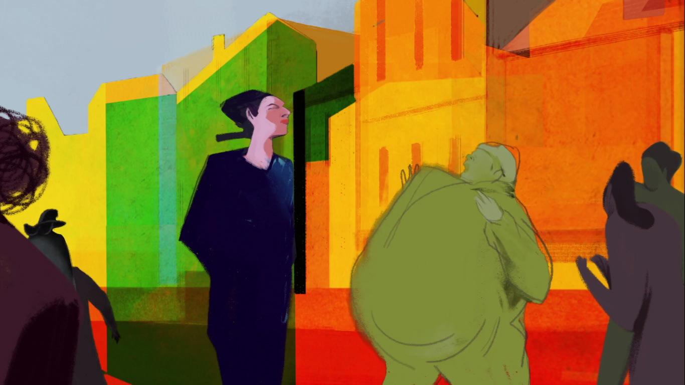 Bless you! / Na zdrowie! - stills from an animated short film directed by Paulina Ziolkowska. Image of a street. Colorful background. A woman in navy blue stands next to a short man who is about to sneeze at her.