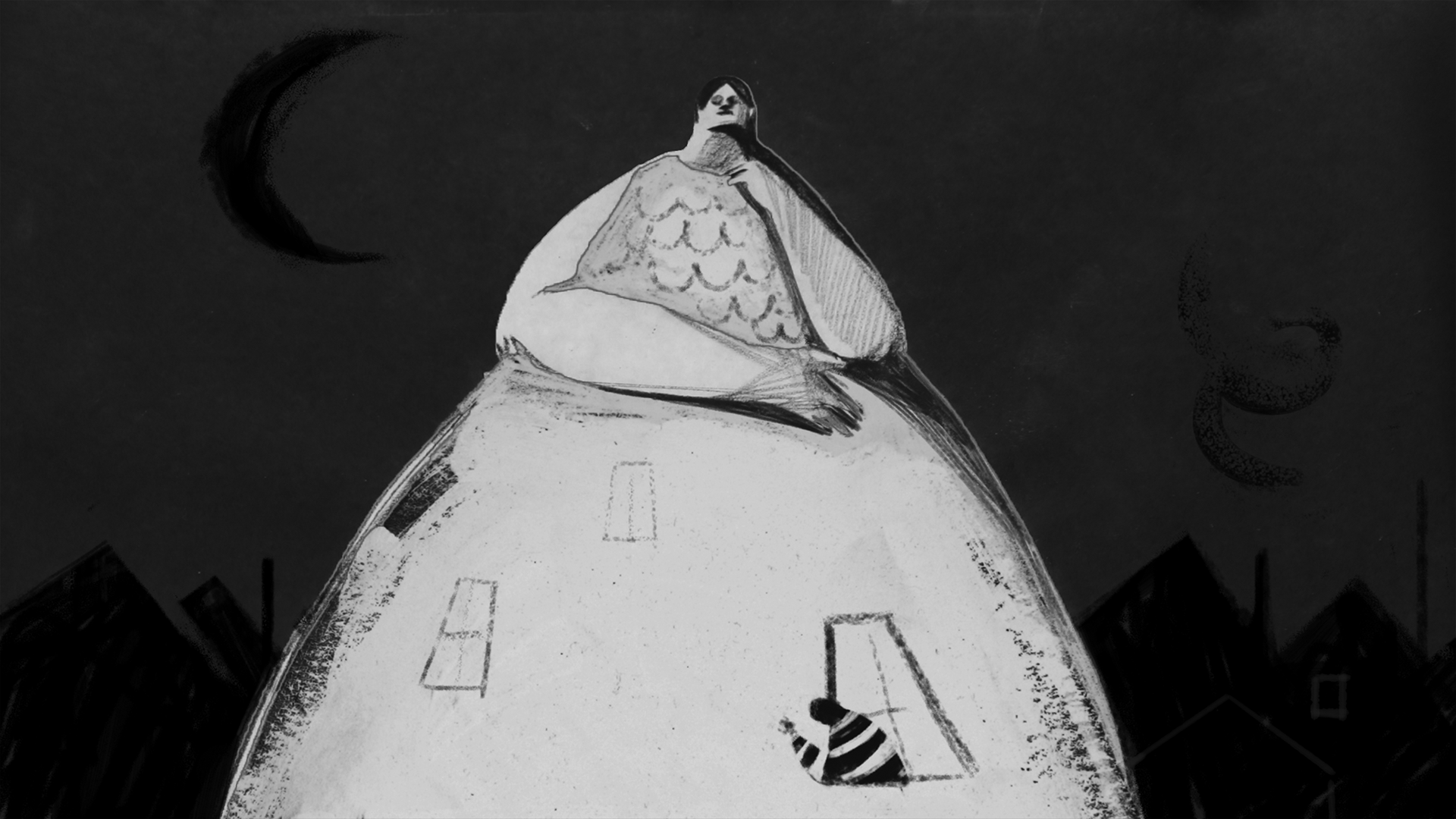 Oh, mother! a short animated film directed by Paulina Ziolkowska. Mother becomes as gigant as a house, her dress her windows and doors. Night. Charcoal drawing with a lot of contrast.