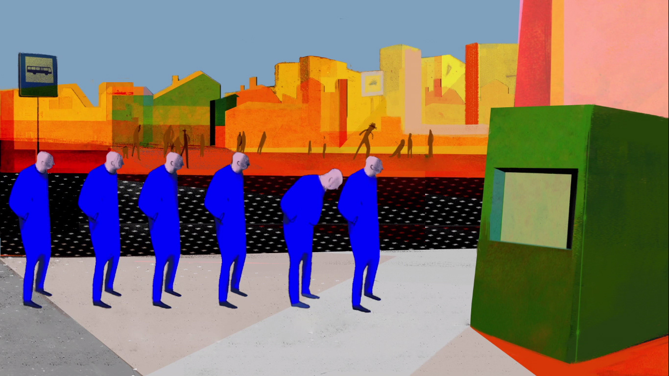 Bless you! / Na zdrowie! - stills from an animated short film directed by Paulina Ziolkowska. Image of the street with the man in the blue multiplied waiting in the line to buy a bus ticket. Colorful city background.