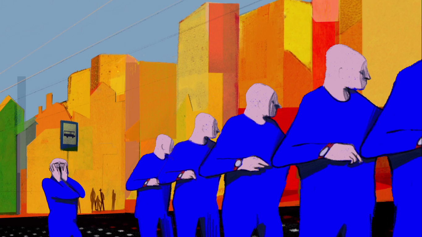 Bless you! / Na zdrowie! - stills from an animated short film directed by Paulina Ziolkowska. Image of the street with the man in the blue multiplied waiting in the line to buy a bus ticket. The last man in the que screams in panic. Colorful city background.