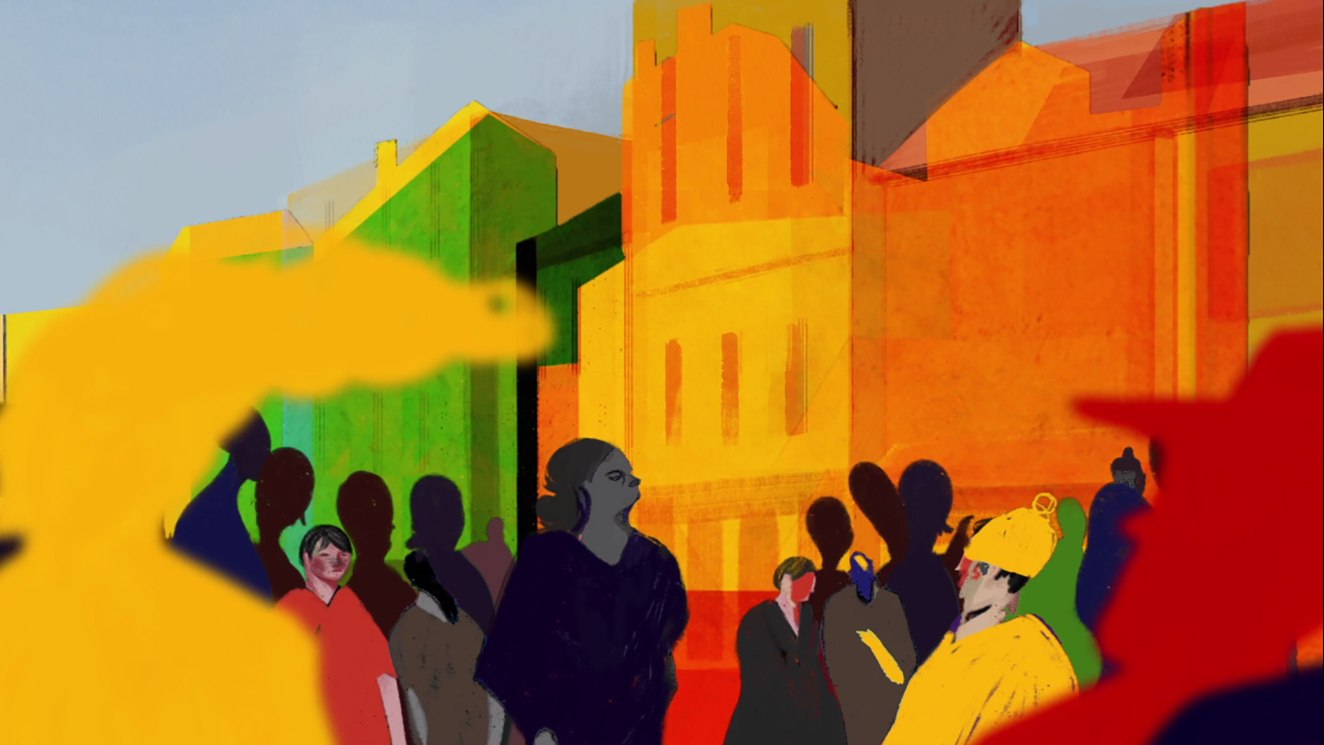 Bless you! / Na zdrowie! - stills from an animated short film directed by Paulina Ziolkowska. Image of the crowd on the street. Colorful background.