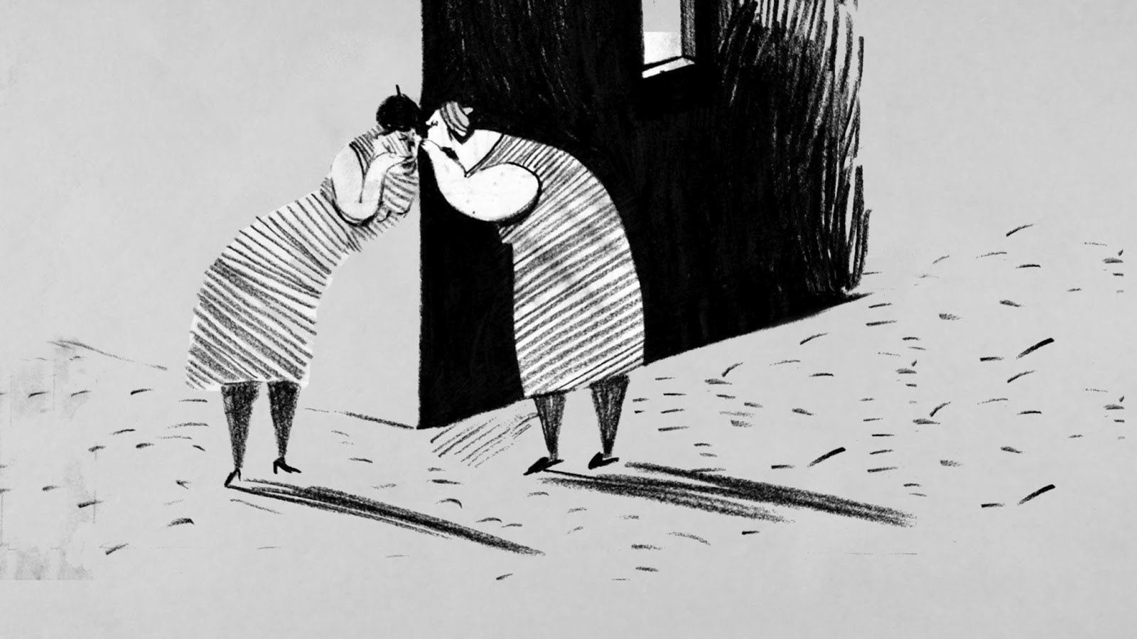 Oh, mother! a short animated film directed by Paulina Ziolkowska. Two woman chat and gossip .Long shadows. Black and white, charcoal drawing with a lot of contrast.