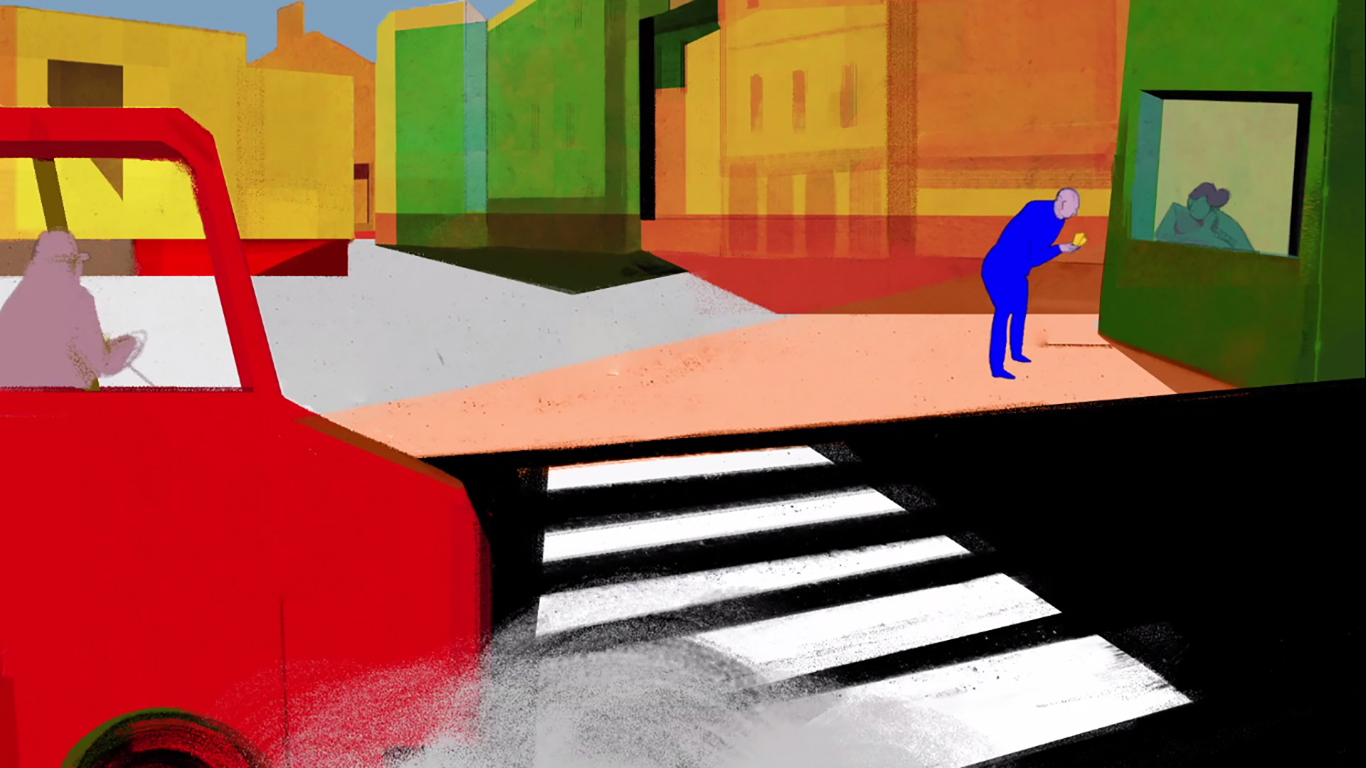 Bless you! / Na zdrowie! - stills from an animated short film directed by Paulina Ziolkowska. Image of the street with the bus waiting near the zebra crossing. In the back a man in the blue suit buys a ticket. Colorful background.