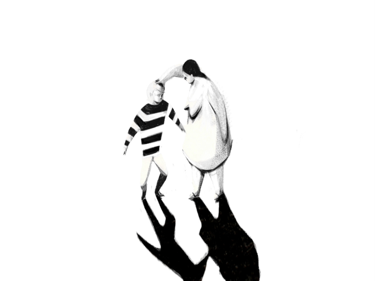 Oh, mother! a short animated film directed by Paulina Ziolkowska. Woman (mother) is pressing down the head of an adolescent son, trying to make him smaller again.Long shadows. Black and white, charcoal drawing with a lot of contrast.