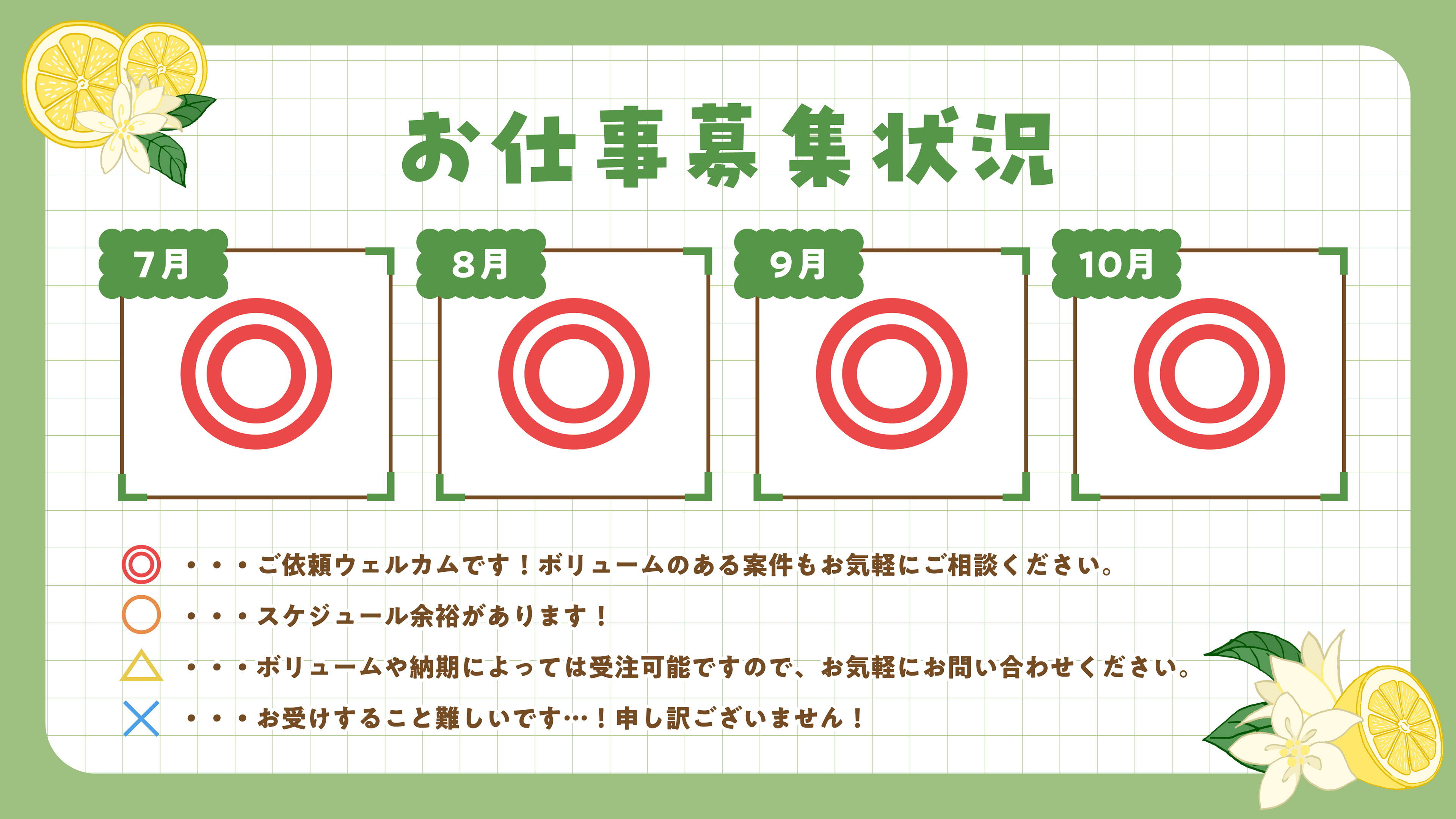 直近の受注可能状況の目安となります。(5月中旬時点) △、×になっている場合でも制作時期や内容によってはお受けできる場合もございますので、 まずはお気軽にお問い合わせください。