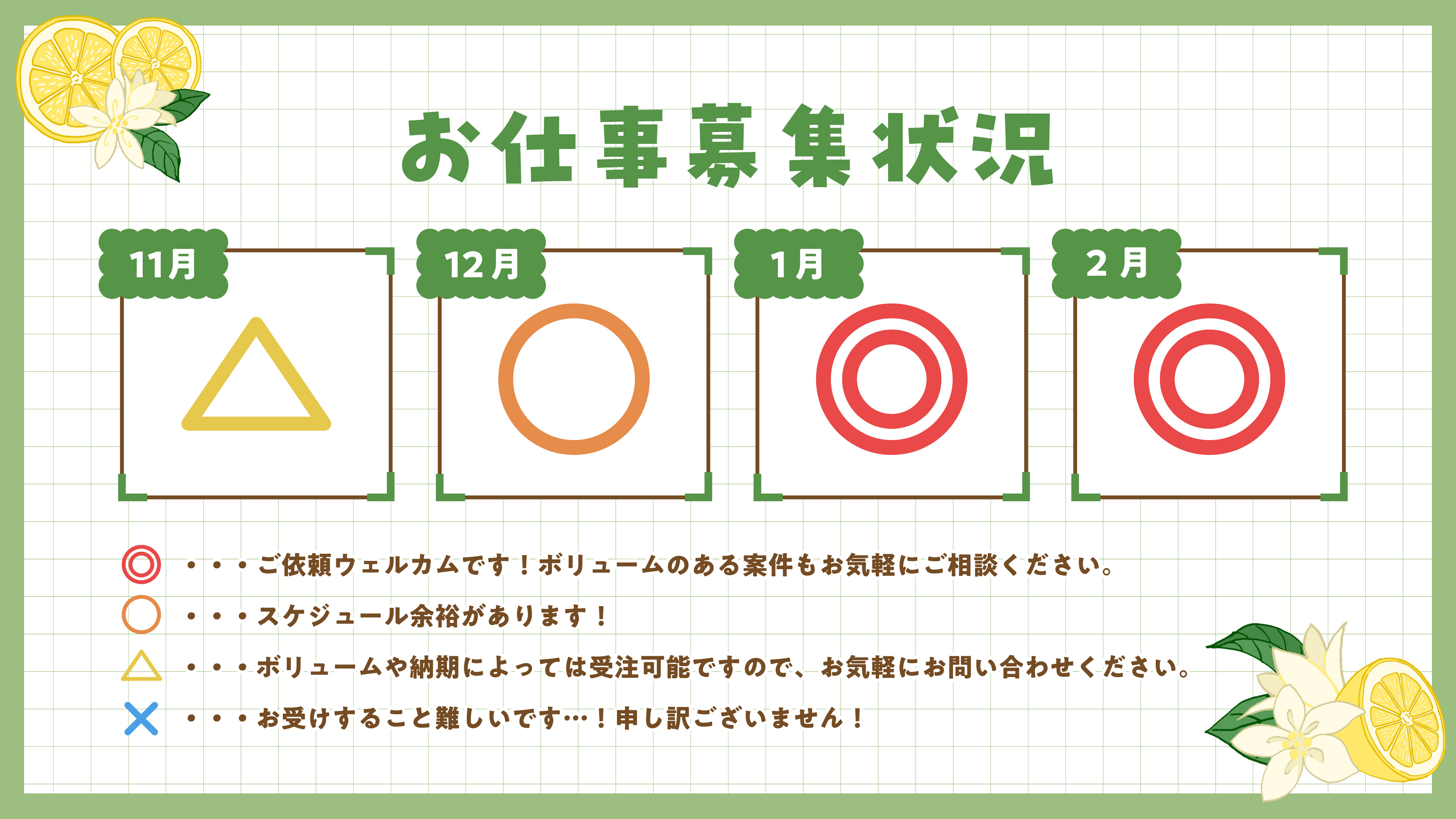 11月〜2月までのお仕事募集状況　11月：△、ボリュームや納期によっては受注可能ですので、お気軽にお問い合わせください。　12月：○、スケジュールに余裕があります。　1月：◎、ご依頼ウェルカムです！ボリュームのある案件もお気軽にご相談ください。　2月：◎、ご依頼ウェルカムです！ボリュームのある案件もお気軽にご相談ください。