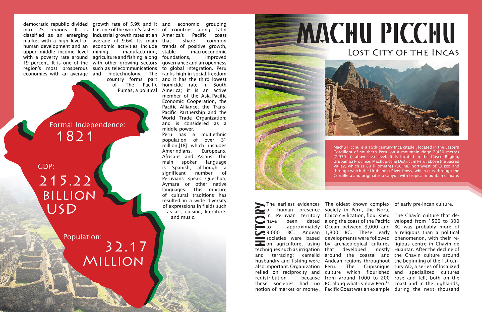 Peru, 5 page article, 2 spreads, graphic element focused