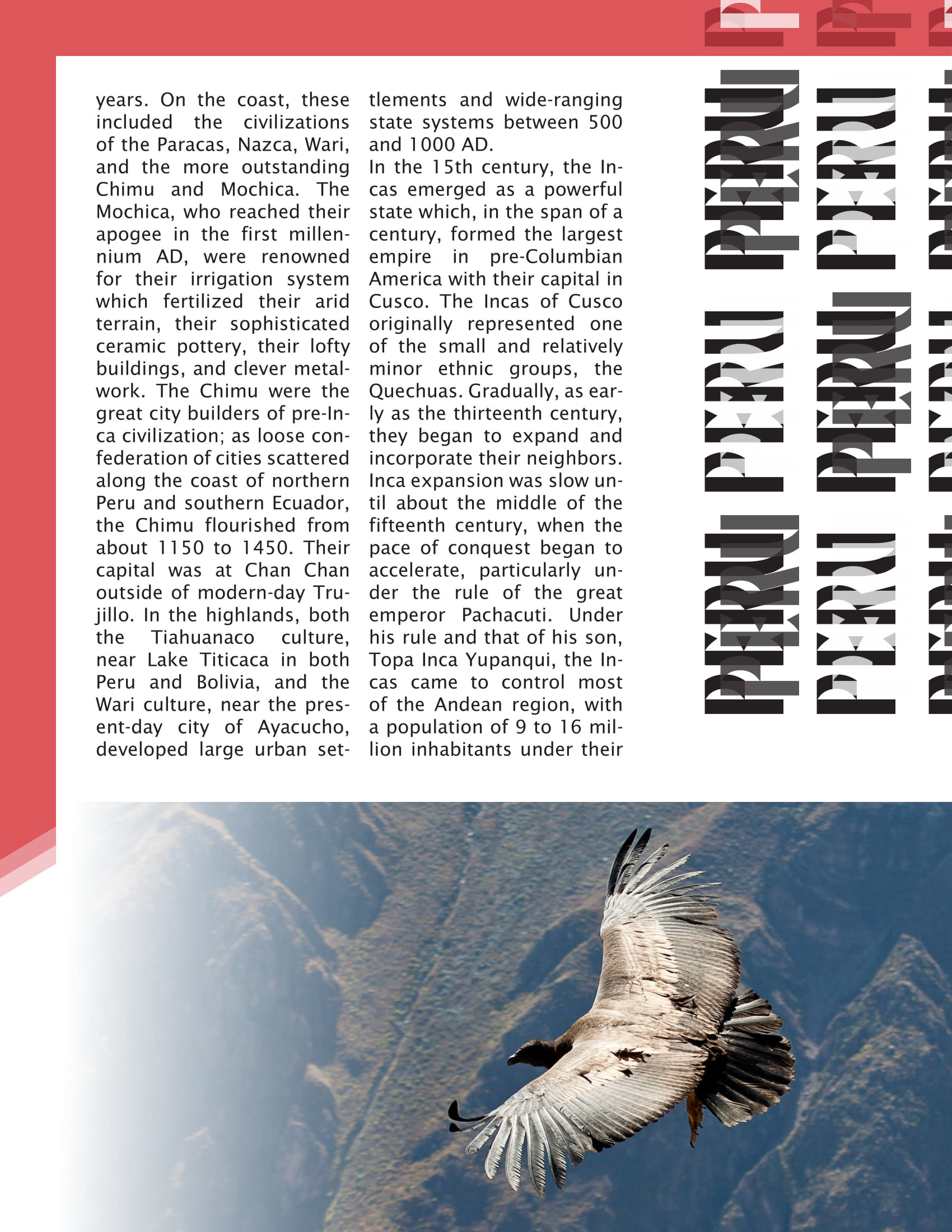 Peru, 5 page article, 2 spreads, graphic element focused