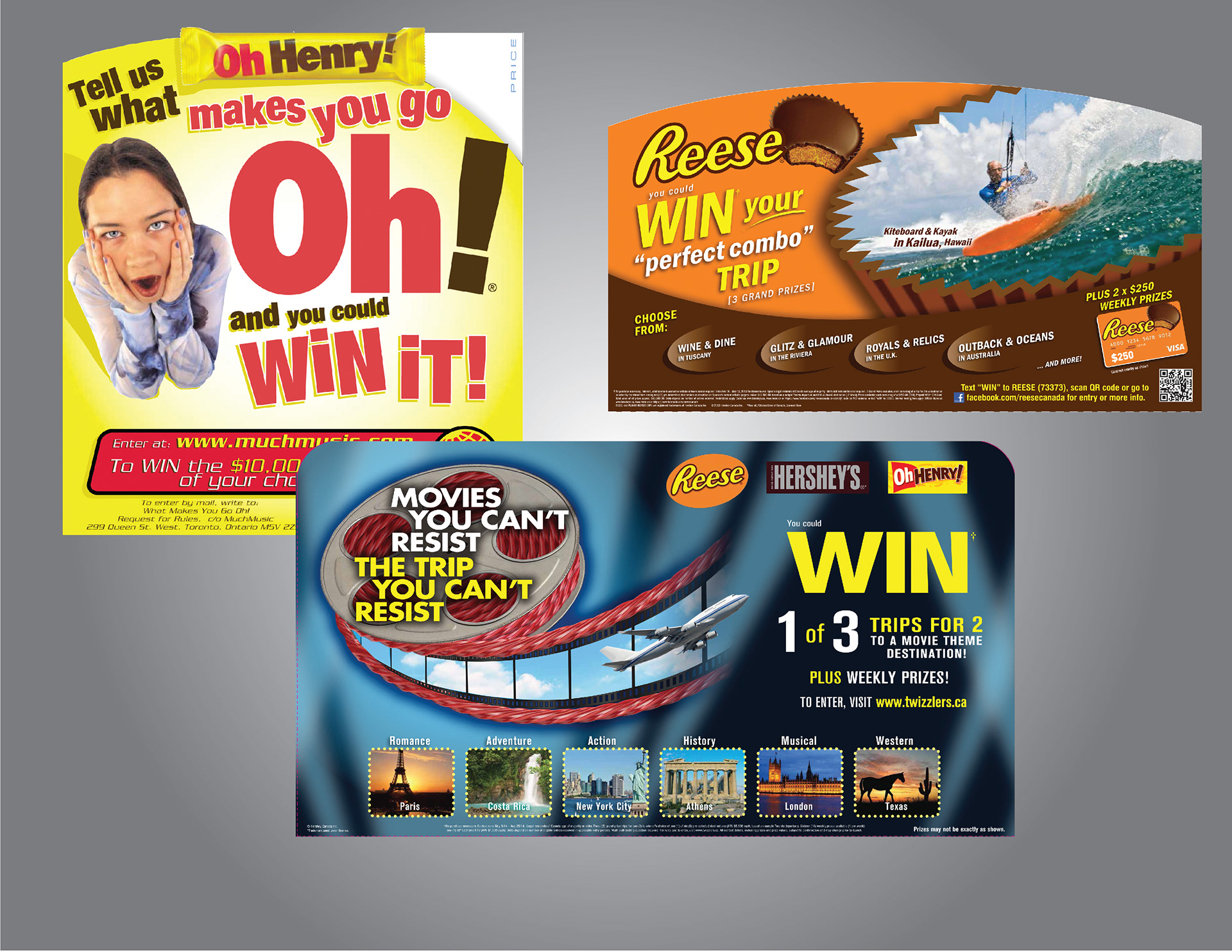 Hershey promotions header cards for in-store displays: Oh Henry! Reese and Twizzlers