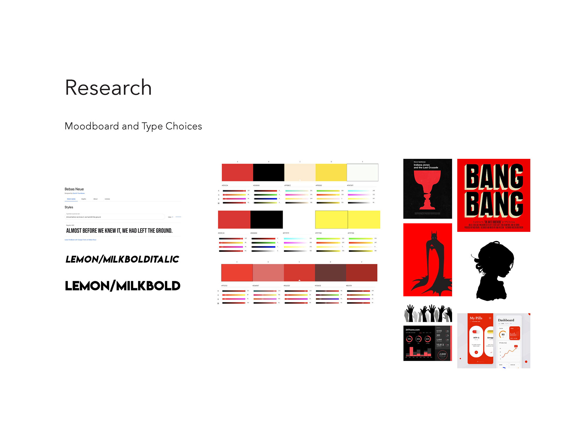 Moodboard, including type and color studies.