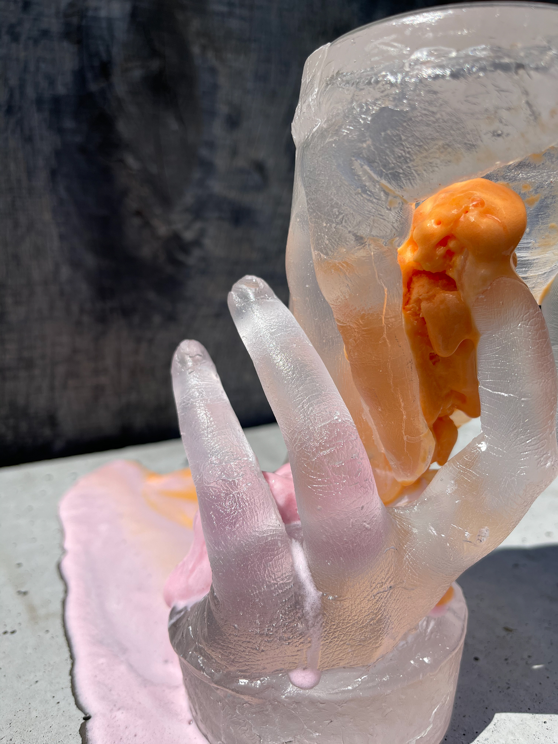 Cast glass hands. Cold-worked.