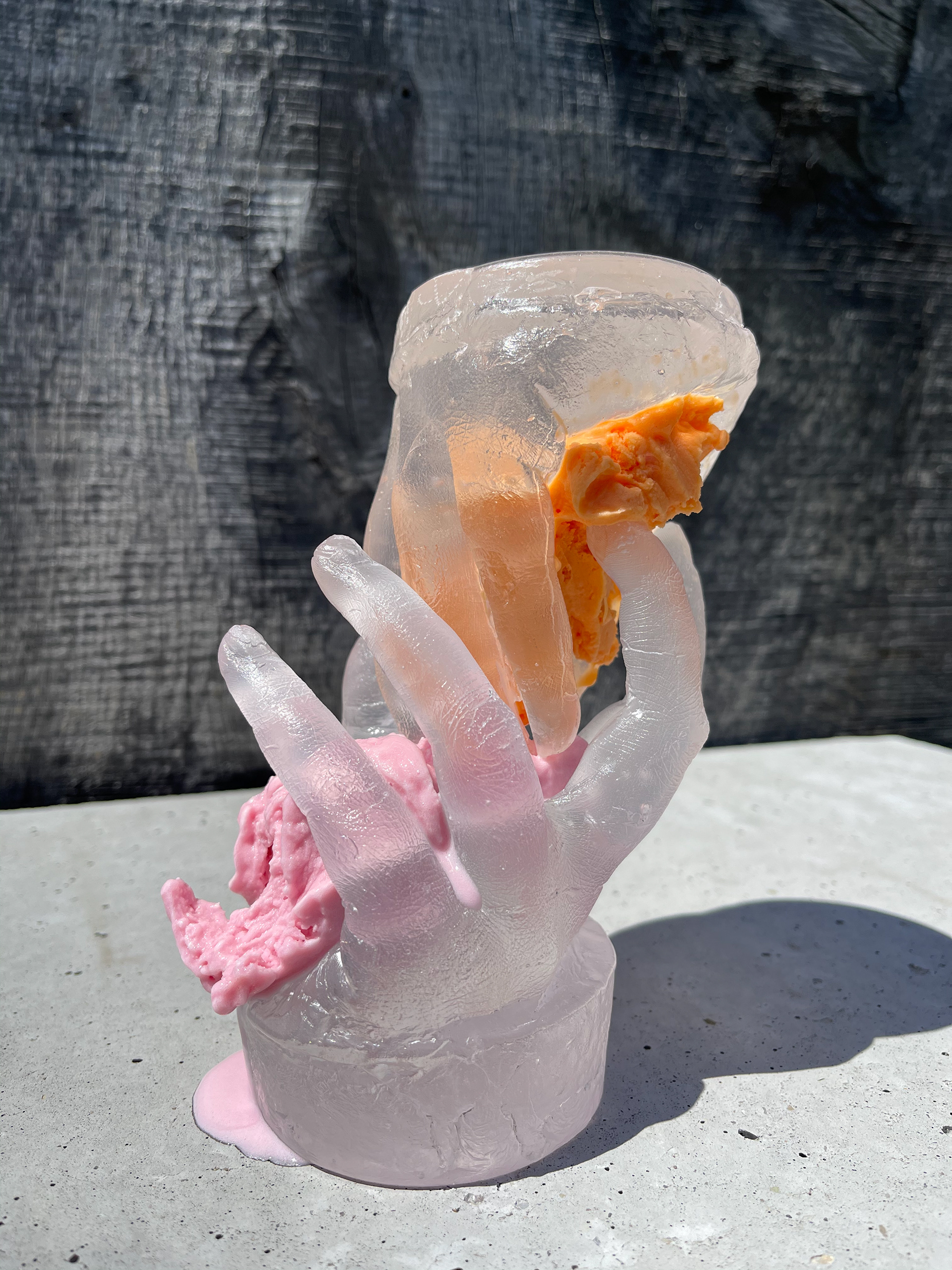 Cast glass hands. Cold-worked. Sorbet. Time based piece playing off the ideals of an object or idea slipping right through your fingers, and watching it slowly disappear.