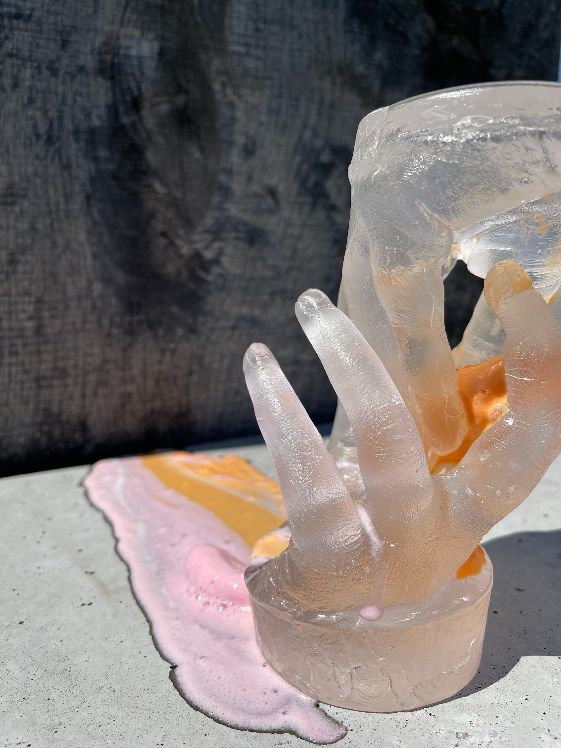 Cast glass hands. Cold-worked.