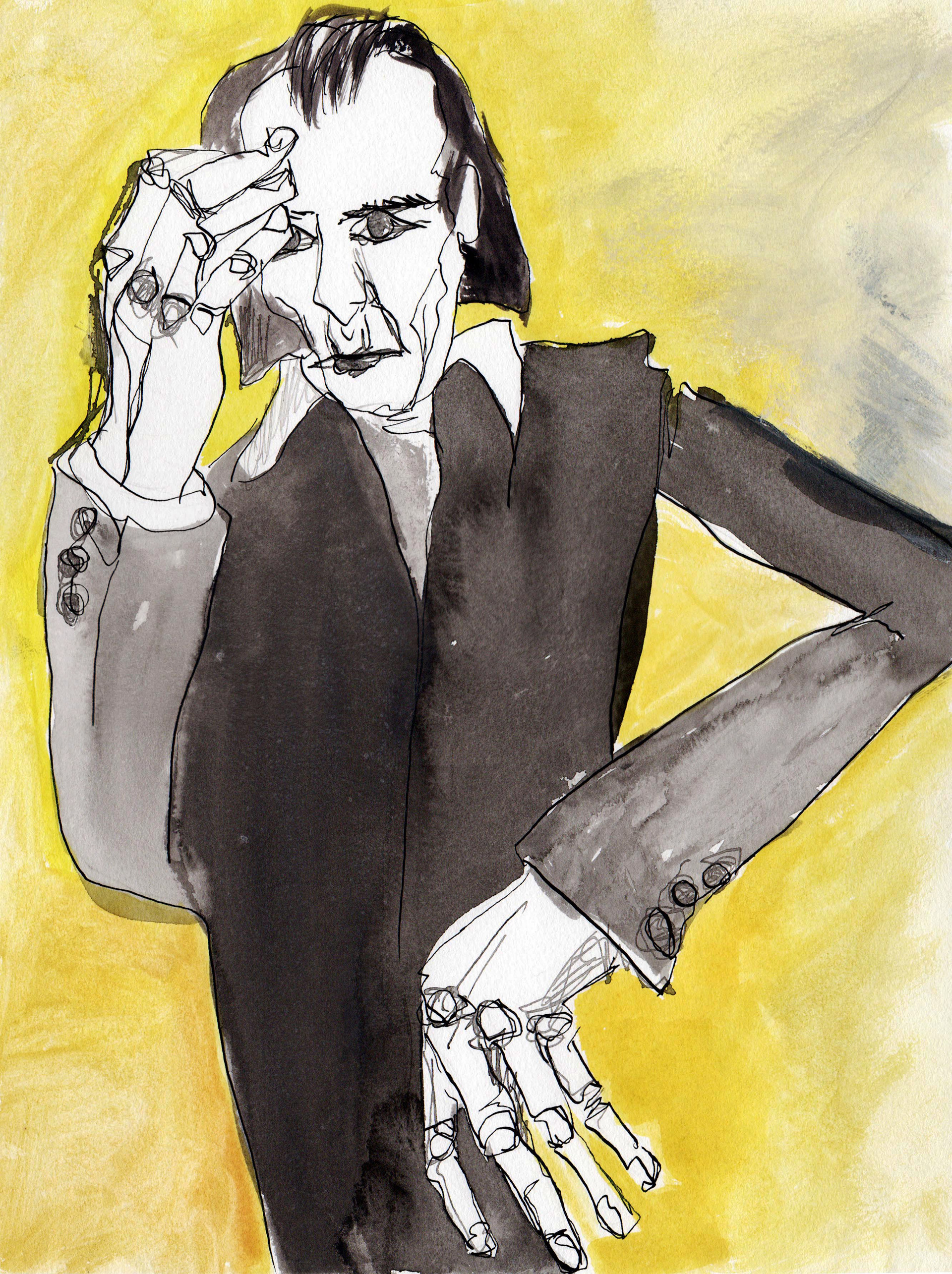 NIck Cave, ink and watercolour