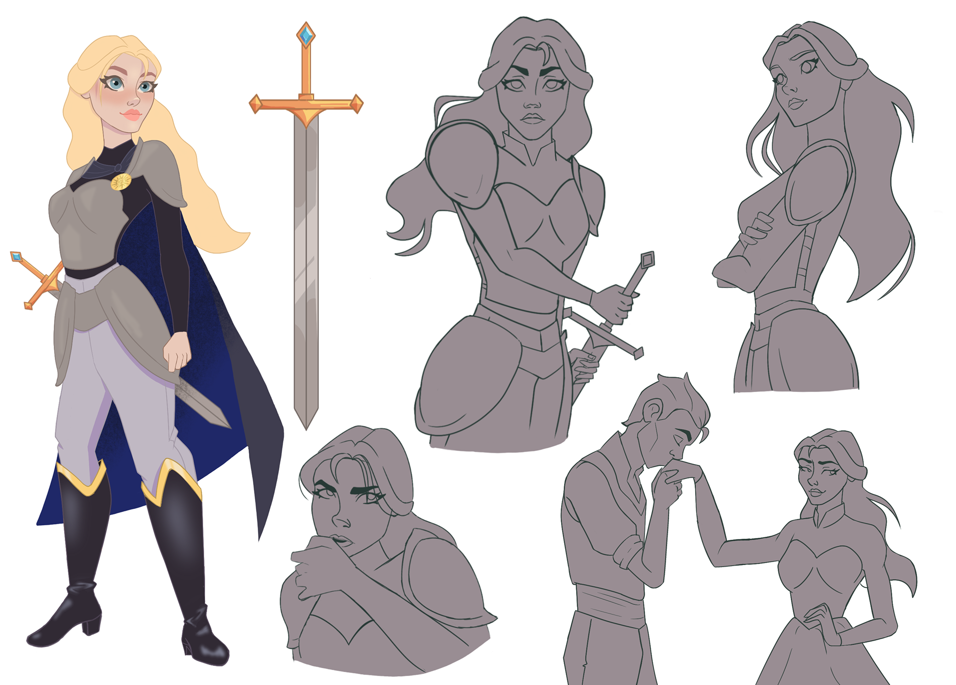 A expression sheet for a royal guard, Aurelia, for an upcoming project.