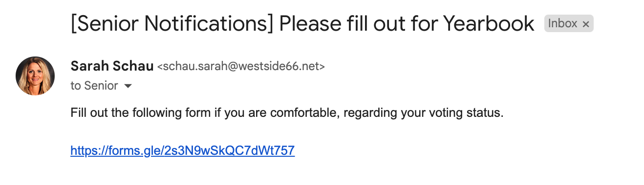 After sending the form to the administrator, this is the email that students receive.
