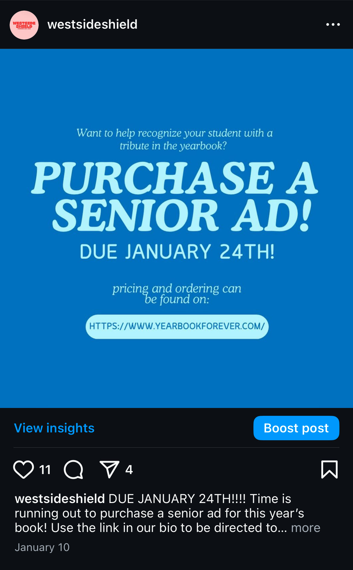 Reminding students and parents to purchase a Senior Ad before the deadline.