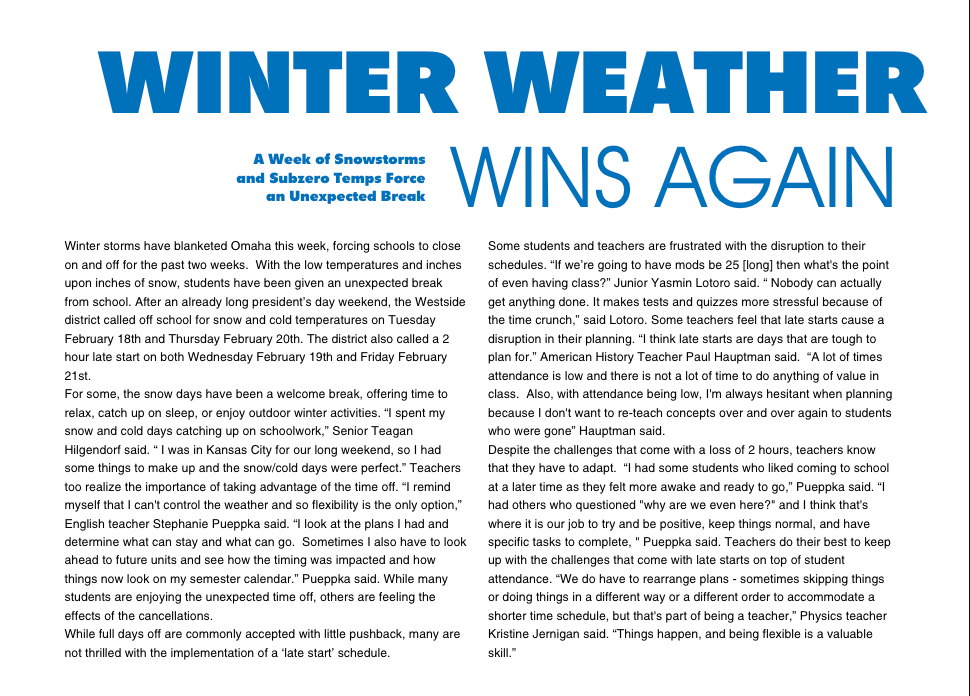Winter Weather story placed on the respective spread.
