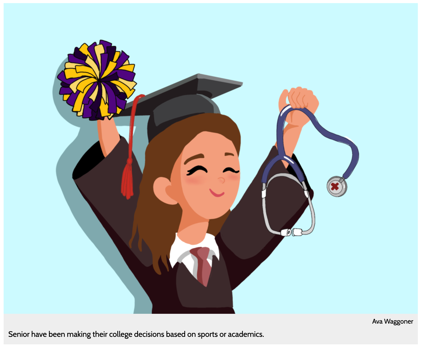 Graphic of a graduate holding both a pom-pom and a stethoscope representing the different paths mentioned in the artical.