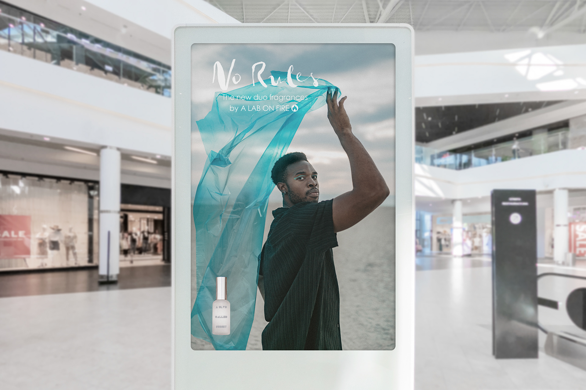 Mock mall placement for No Rules duo perfume by A Lab On Fire. Art directed by me. Model: Michael Ogburu, Photographer: Kayleigh Moreland