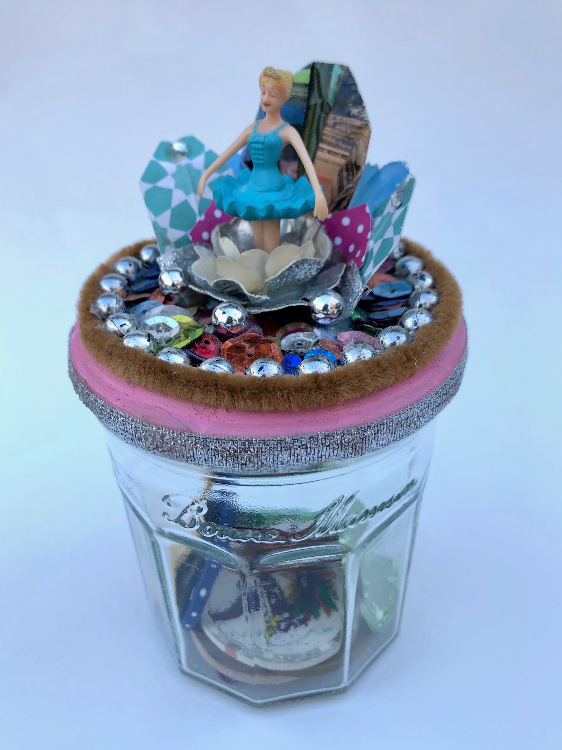 paper, sequin & found object jar lid