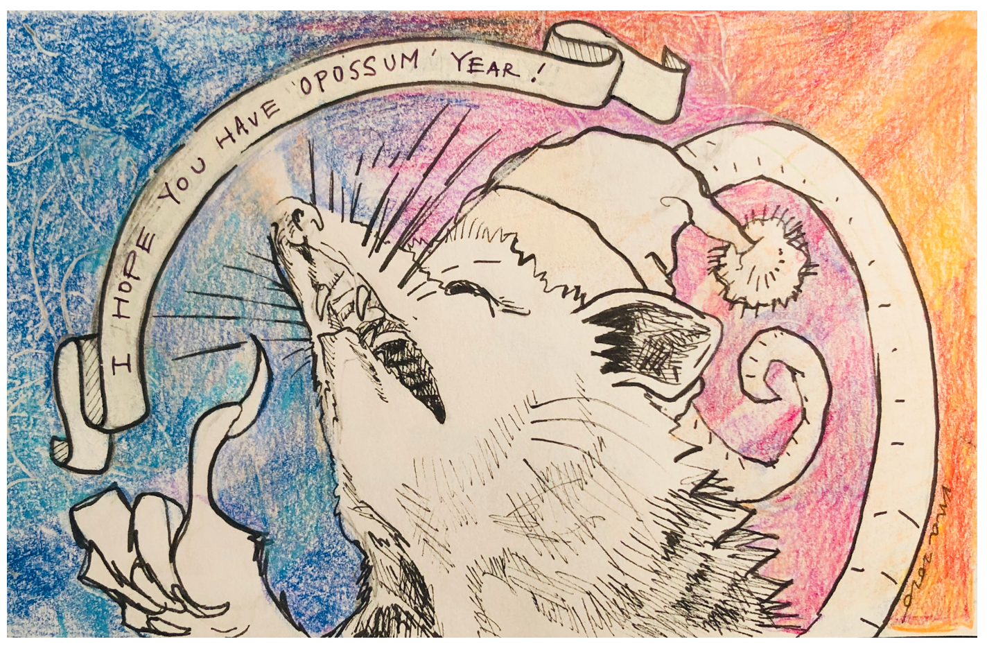 opossum year. colored pencil and ink, 2021