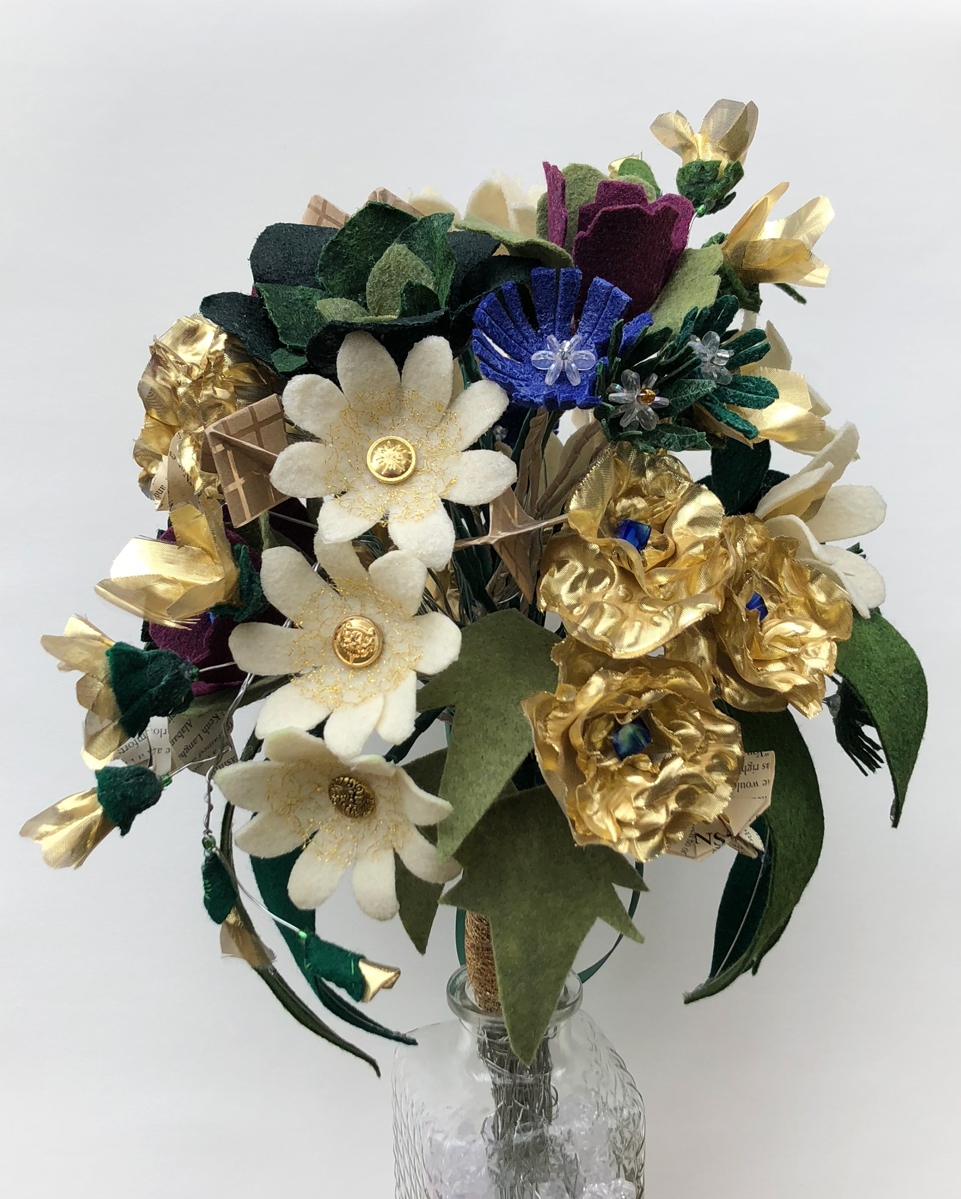 paper, fabric, button & wire rehearsal bouquet