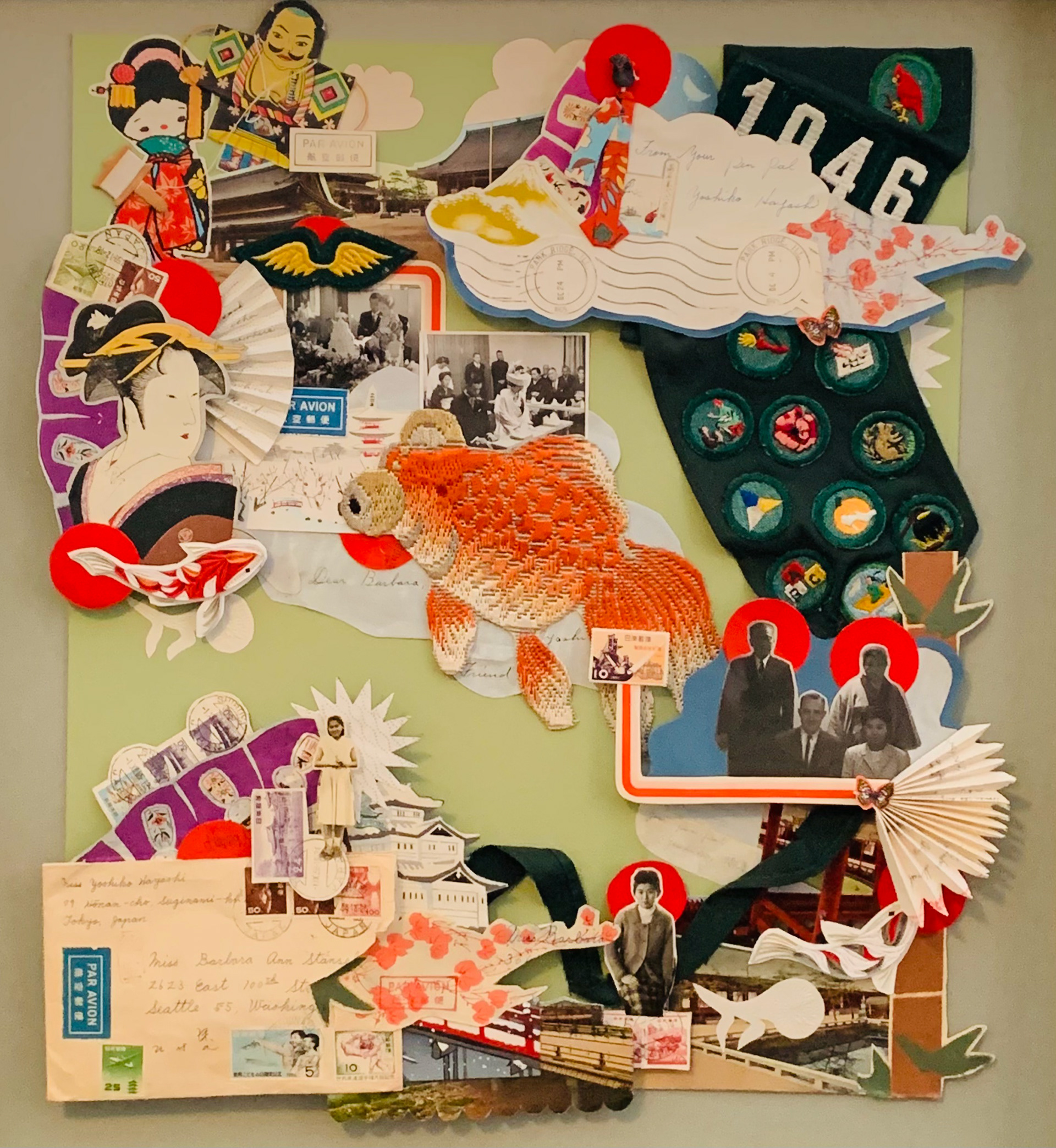 Sincerely, Ms Yoshiko. 2025 18x24 mixed media collage relief on board, various pen-pal correspondences