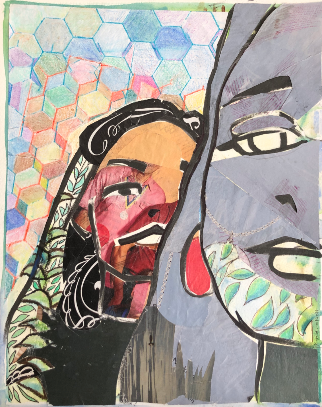 crayon ink and collage on paper