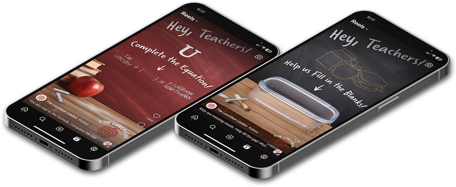 Two isometric smartphones showcase red and yellow social media ads. The red phone displays a campaign equation missing the letter “U,” with the message “Be the U that’s missing.” The yellow phone shows chalk-style outlines of lunch items with the text “Help fill in the blanks.”
