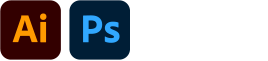 Illustrator and Photoshop icons side by side, representing the design tools used—Illustrator with its bold orange “Ai” on a dark square, and Photoshop with its blue “Ps” on a dark square.