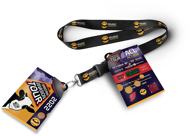 mockup of an event access pass front and back with lanyard..