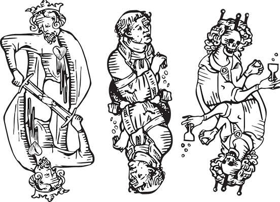 black and white graphic face card illustration for a custom deck.