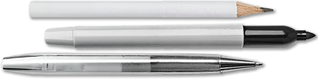 Pencil image, traditional drawing tool for sketching and shading. Pen image, writing tool used for precise lines and detailed work. Sharpie image, permanent marker used for bold, expressive lines.