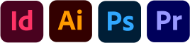 Adobe InDesign icon, page layout and desktop publishing software. Adobe Illustrator icon, vector graphic design tool. Adobe Photoshop icon, image editing and design software. Adobe Premiere Pro icon, video editing software.