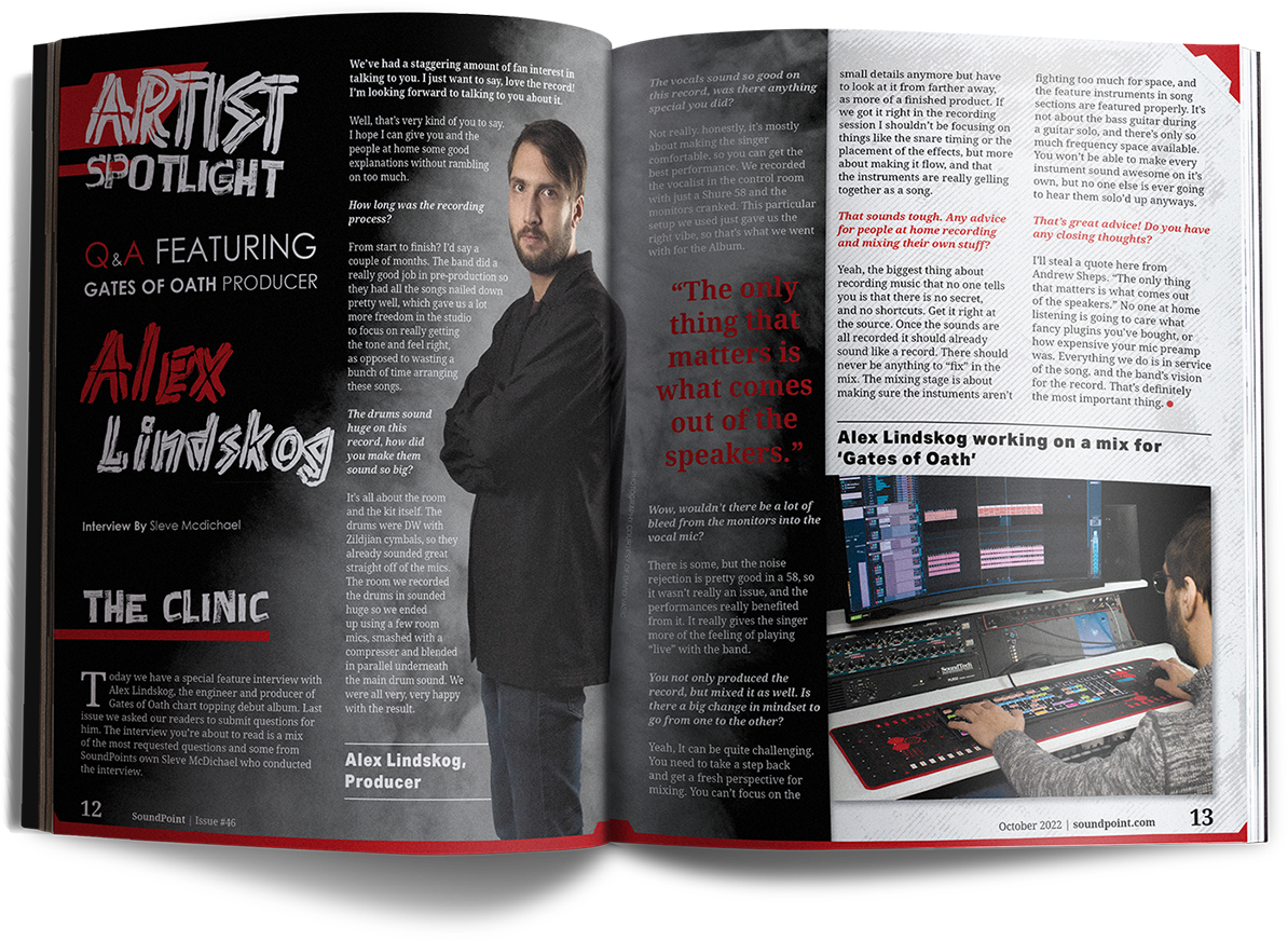 Mockup of a printed two-page magazine spread.