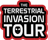 The Terrestrial Invasion Tour logo – an alien-themed design with a bold, primarily red color scheme.