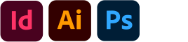 Adobe InDesign icon, page layout and desktop publishing software. Adobe Illustrator icon, vector graphic design tool. Adobe Photoshop icon, image editing and design software.