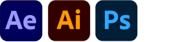 Adobe After effects, Illustrator and Photoshop icons side by side, representing the design tools used