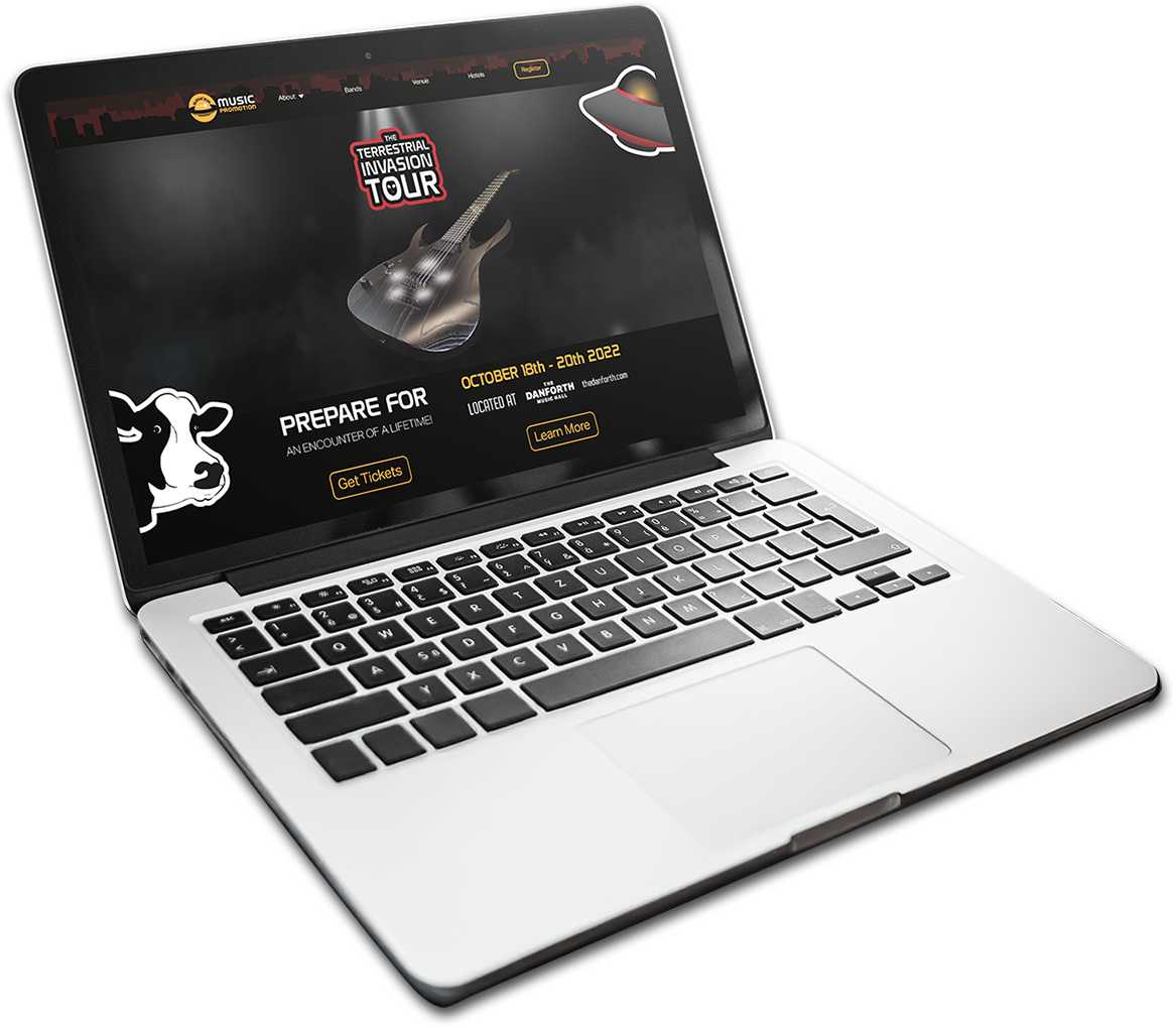 mockup of an event landing webpage displayed on a laptop screen.