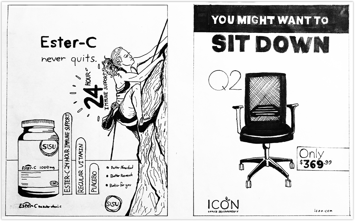 • img-1603.png – inked advertisement featuring natural illustrations; one frame for ester-c and one for an office chair.