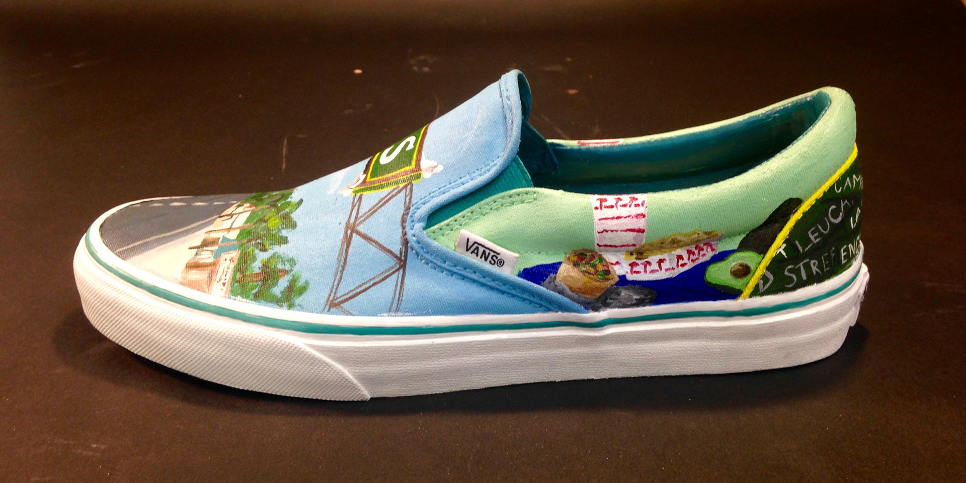 One side of the shoes features classic SoCal food including In-N-Out, Mexican, and avocados