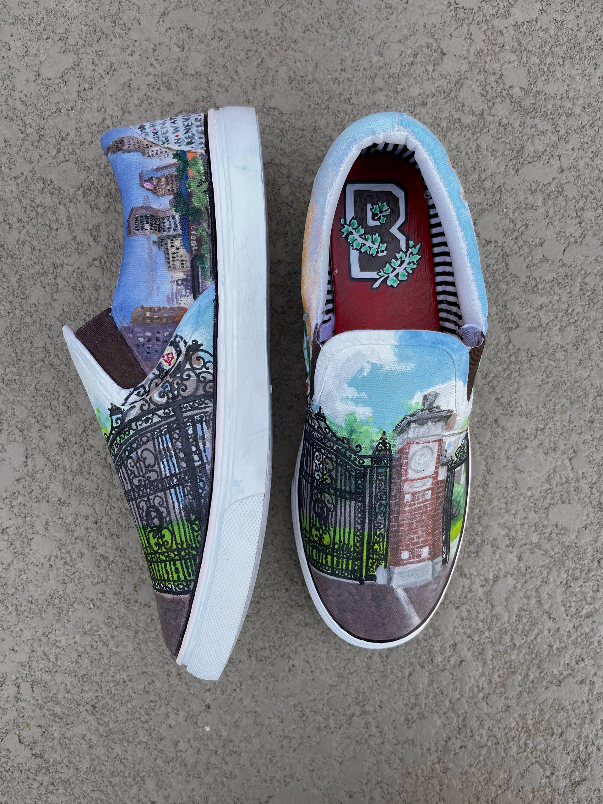 The downtown Providence skyline is depicted on this side of the shoe